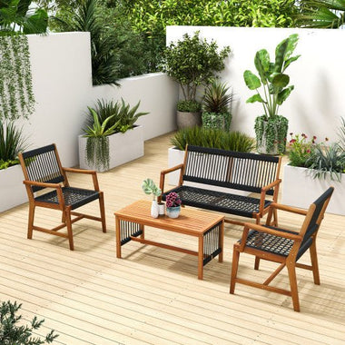  - 4 Pieces Acacia Wood Patio Conversation Table and Chair Set with Hand Woven Rope - Outdoor Style Company