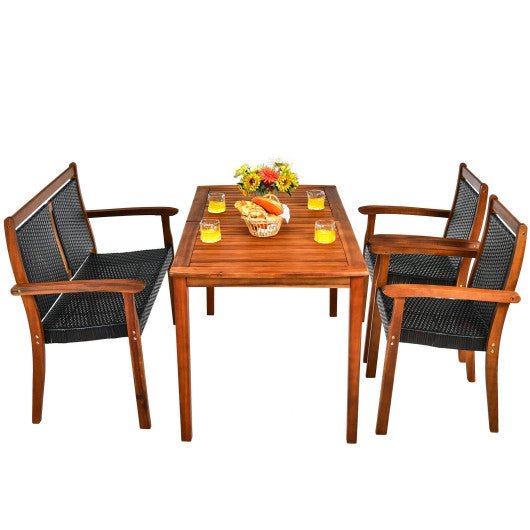  - 4 Pieces Acacia Wood Patio Rattan Dining Furniture Set - Outdoor Style Company