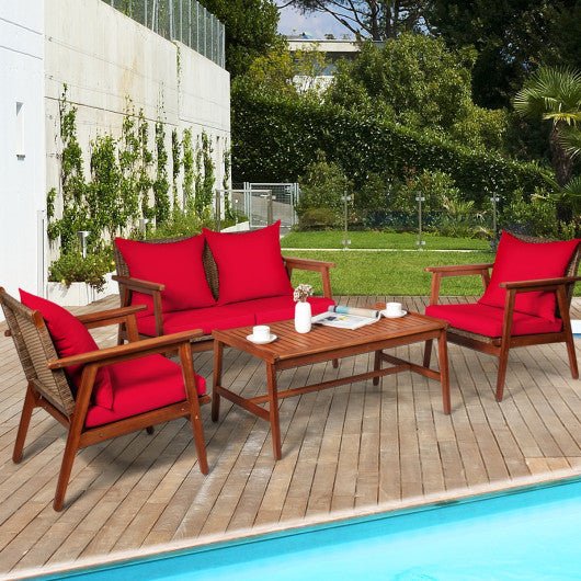  - 4 Pieces Acacia Wood Patio Rattan Furniture Set - Outdoor Style Company