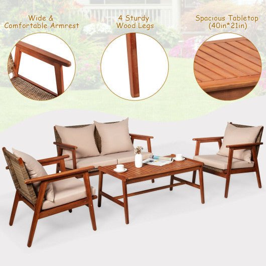  - 4 Pieces Acacia Wood Patio Rattan Furniture Set - Outdoor Style Company