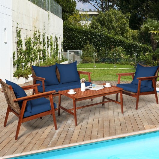  - 4 Pieces Acacia Wood Patio Rattan Furniture Set - Outdoor Style Company