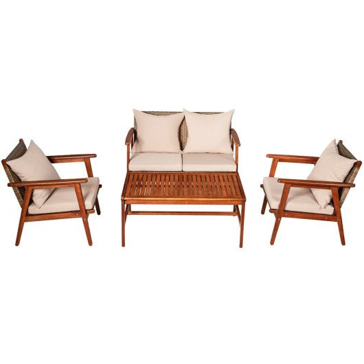  - 4 Pieces Acacia Wood Patio Rattan Furniture Set - Outdoor Style Company