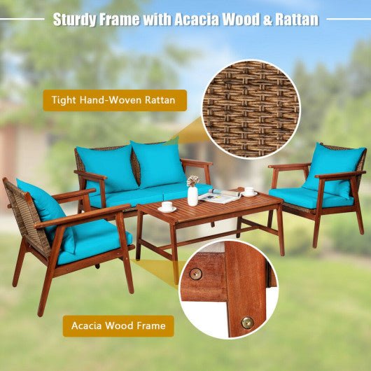  - 4 Pieces Acacia Wood Patio Rattan Furniture Set - Outdoor Style Company