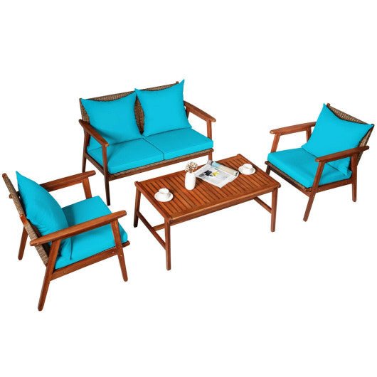  - 4 Pieces Acacia Wood Patio Rattan Furniture Set - Outdoor Style Company