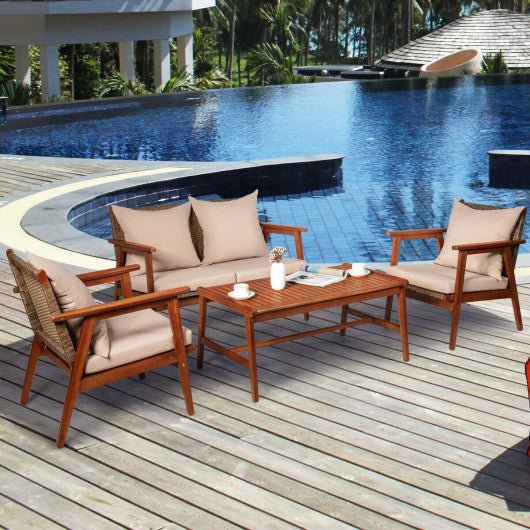  - 4 Pieces Acacia Wood Patio Rattan Furniture Set - Outdoor Style Company