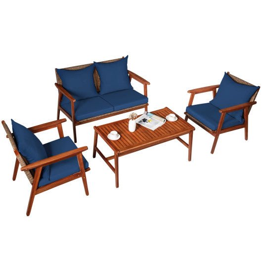  - 4 Pieces Acacia Wood Patio Rattan Furniture Set - Outdoor Style Company