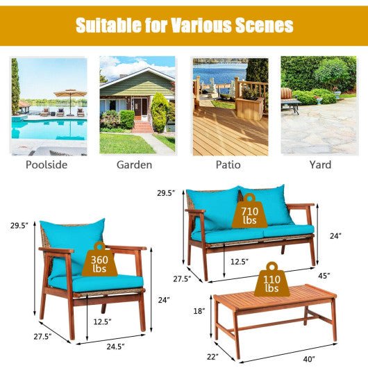  - 4 Pieces Acacia Wood Patio Rattan Furniture Set - Outdoor Style Company