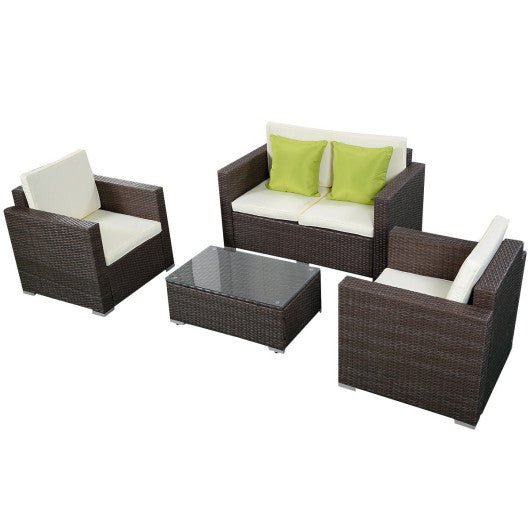  - 4 Pieces Brown Wicker Rattan Sofa Furniture Set Patio Garden Lawn Cushioned Seat - Outdoor Style Company