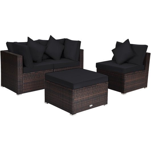  - 4 Pieces Ottoman Garden Patio Rattan Wicker Furniture Set with Cushion - Black - Outdoor Style Company