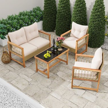  - 4 Pieces Outdoor Patio PE Wicker Conversation Bistro Set with Acacia Wood Frame - Outdoor Style Company