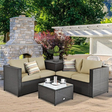  - 4 Pieces Outdoor Patio Rattan Furniture Set with Cushioned Loveseat and Storage Box - Outdoor Style Company