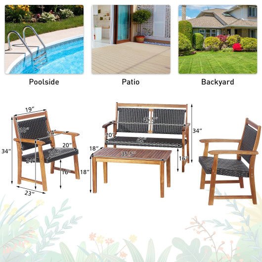 - 4 Pieces Outdoor Patio Rattan Furniture Sofa Set with Acacia Wood Frame - Outdoor Style Company