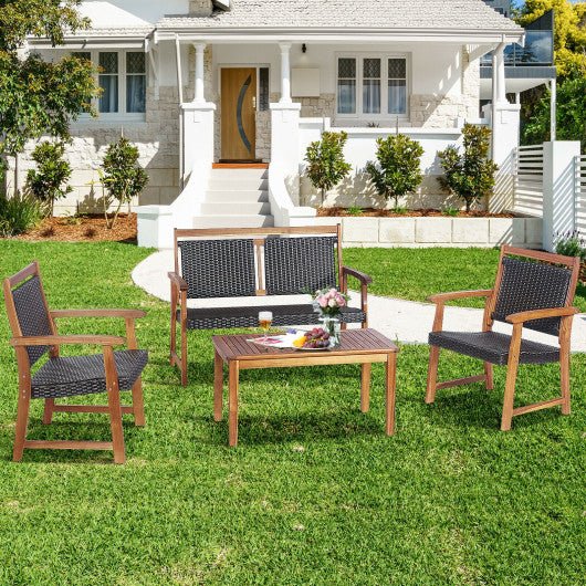  - 4 Pieces Outdoor Patio Rattan Furniture Sofa Set with Acacia Wood Frame - Outdoor Style Company