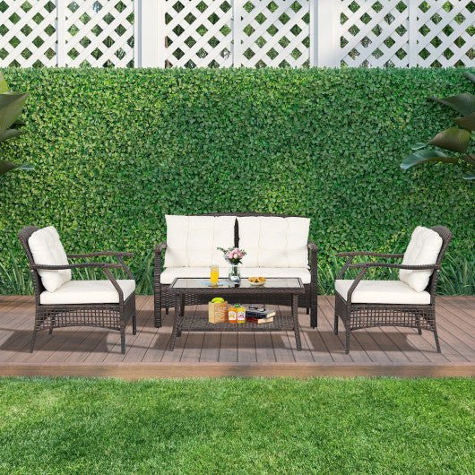  - 4 Pieces Outdoor Rattan Conversation Set with Protective Cover - Outdoor Style Company