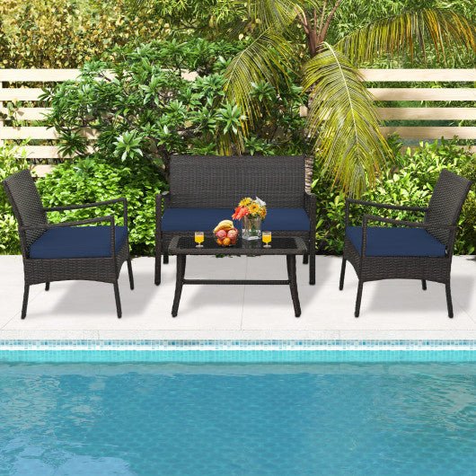  - 4 Pieces Outdoor Rattan Conversation Set with Tempered Glass Coffee Table - Outdoor Style Company