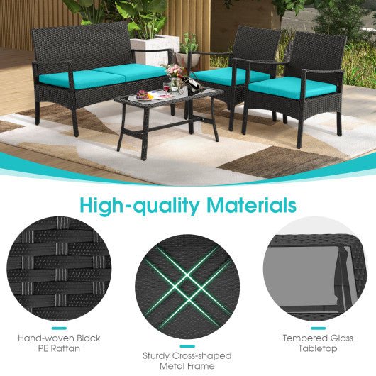  - 4 Pieces Outdoor Rattan Conversation Set with Tempered Glass Coffee Table - Outdoor Style Company