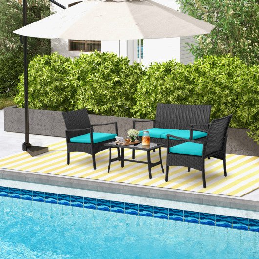  - 4 Pieces Outdoor Rattan Conversation Set with Tempered Glass Coffee Table - Outdoor Style Company