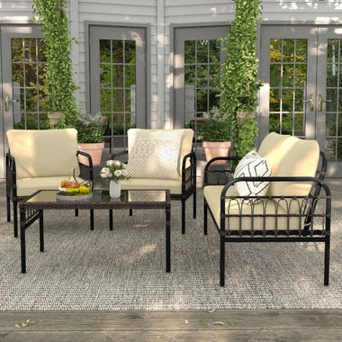  - 4 Pieces Outdoor Wicker Conversation Bistro Set with Soft Cushions and Tempered Glass Coffee Table - Outdoor Style Company