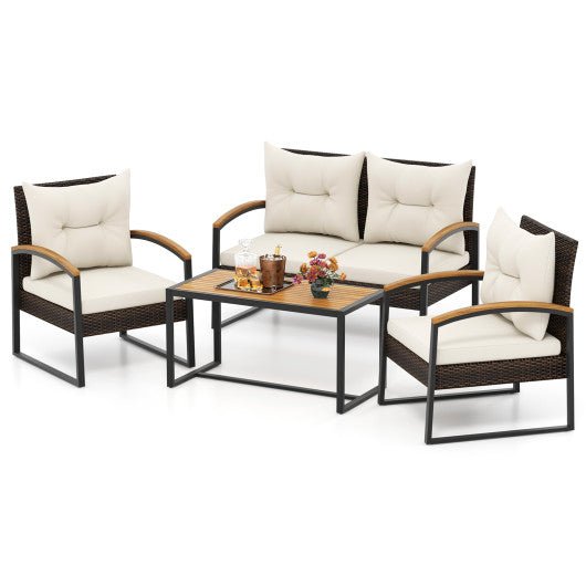  - 4 Pieces Patio Conversation Set with Acacia Wood Armrests and Tabletop and Cushions - Outdoor Style Company