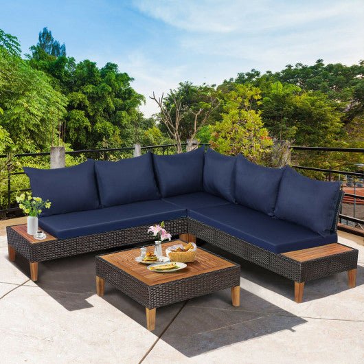  - 4 Pieces Patio Cushioned Rattan Furniture Set with Wooden Side Table - Outdoor Style Company