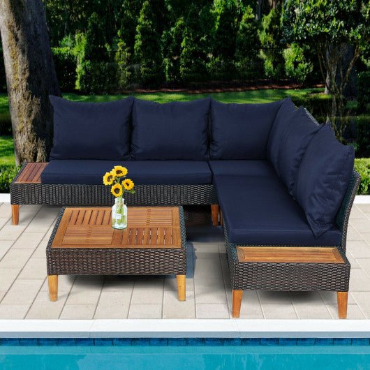  - 4 Pieces Patio Cushioned Rattan Furniture Set with Wooden Side Table - Outdoor Style Company