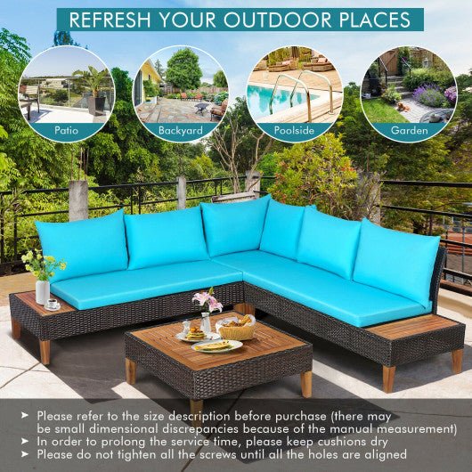  - 4 Pieces Patio Cushioned Rattan Furniture Set with Wooden Side Table - Outdoor Style Company