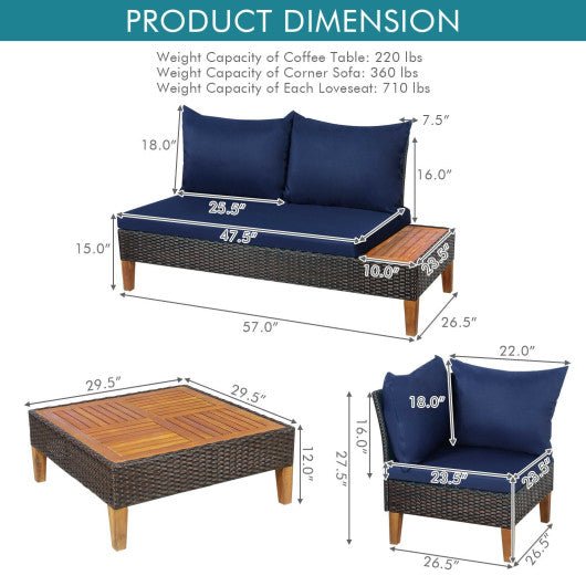  - 4 Pieces Patio Cushioned Rattan Furniture Set with Wooden Side Table - Outdoor Style Company