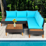  - 4 Pieces Patio Cushioned Rattan Furniture Set with Wooden Side Table - Outdoor Style Company