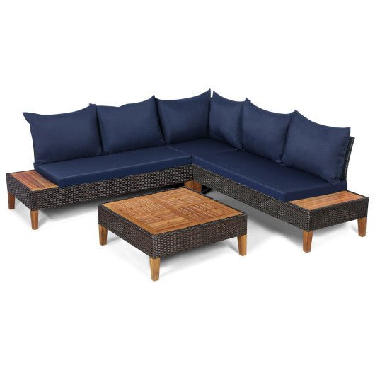  - 4 Pieces Patio Cushioned Rattan Furniture Set with Wooden Side Table - Outdoor Style Company