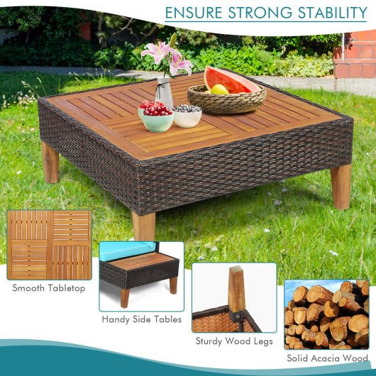  - 4 Pieces Patio Cushioned Rattan Furniture Set with Wooden Side Table - Outdoor Style Company