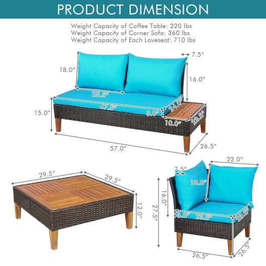  - 4 Pieces Patio Cushioned Rattan Furniture Set with Wooden Side Table - Outdoor Style Company