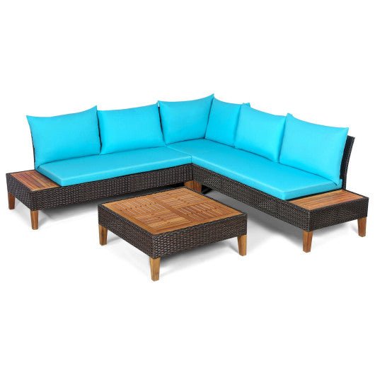  - 4 Pieces Patio Cushioned Rattan Furniture Set with Wooden Side Table - Outdoor Style Company