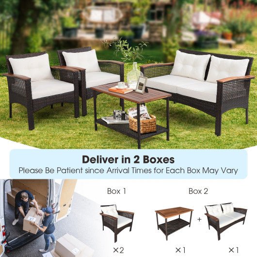  - 4 Pieces Patio Rattan Acacia Wood Furniture Set with Cushions and Armrest - Outdoor Style Company