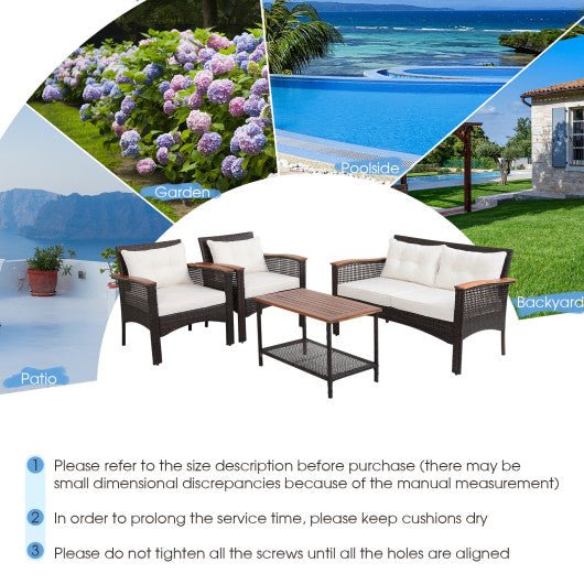  - 4 Pieces Patio Rattan Acacia Wood Furniture Set with Cushions and Armrest - Outdoor Style Company