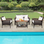  - 4 Pieces Patio Rattan Acacia Wood Furniture Set with Cushions and Armrest - Outdoor Style Company