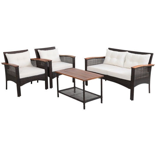  - 4 Pieces Patio Rattan Acacia Wood Furniture Set with Cushions and Armrest - Outdoor Style Company