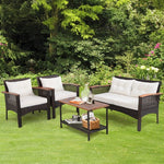  - 4 Pieces Patio Rattan Acacia Wood Furniture Set with Cushions and Armrest - Outdoor Style Company