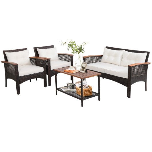  - 4 Pieces Patio Rattan Acacia Wood Furniture Set with Cushions and Armrest - Outdoor Style Company