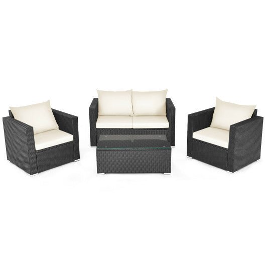  - 4 Pieces Patio Rattan Conversation Set with Cushions and Coffee Table - Outdoor Style Company