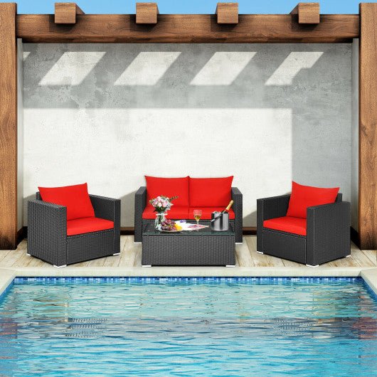  - 4 Pieces Patio Rattan Conversation Set with Cushions and Coffee Table - Outdoor Style Company