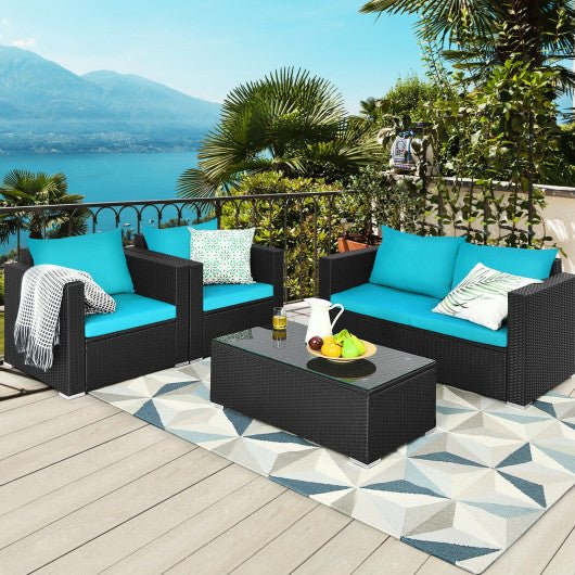  - 4 Pieces Patio Rattan Conversation Set with Cushions and Coffee Table - Outdoor Style Company