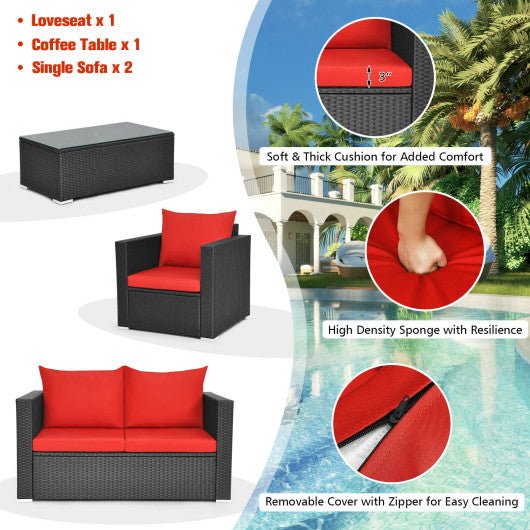  - 4 Pieces Patio Rattan Conversation Set with Cushions and Coffee Table - Outdoor Style Company