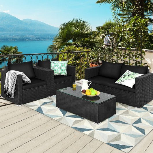  - 4 Pieces Patio Rattan Conversation Set with Cushions and Coffee Table - Outdoor Style Company