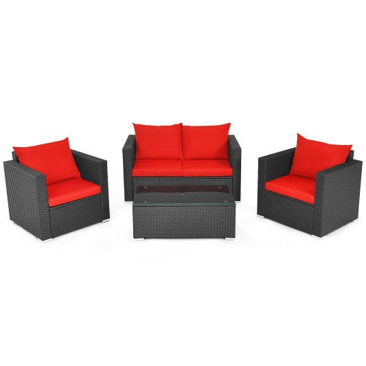  - 4 Pieces Patio Rattan Conversation Set with Cushions and Coffee Table - Outdoor Style Company