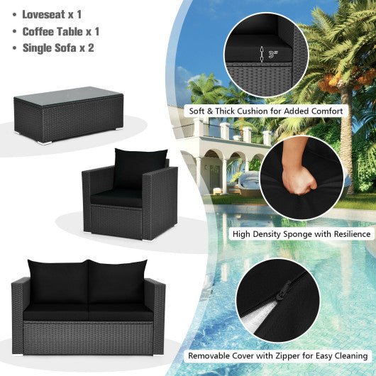  - 4 Pieces Patio Rattan Conversation Set with Cushions and Coffee Table - Outdoor Style Company