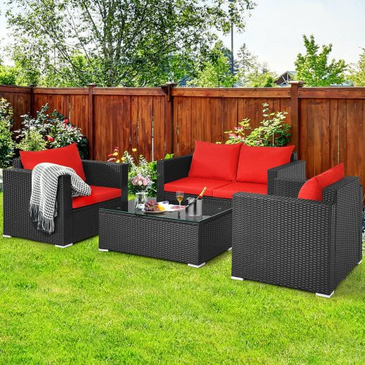  - 4 Pieces Patio Rattan Conversation Set with Cushions and Coffee Table - Outdoor Style Company