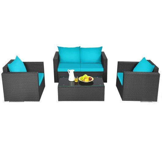  - 4 Pieces Patio Rattan Conversation Set with Cushions and Coffee Table - Outdoor Style Company