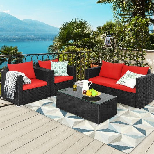  - 4 Pieces Patio Rattan Conversation Set with Cushions and Coffee Table - Outdoor Style Company