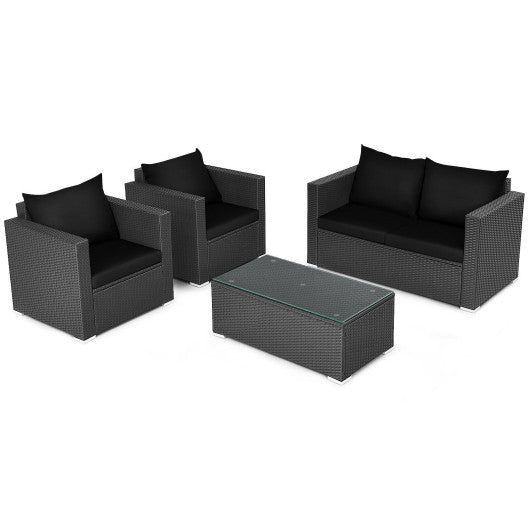  - 4 Pieces Patio Rattan Conversation Set with Cushions and Coffee Table - Outdoor Style Company