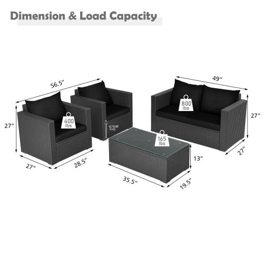  - 4 Pieces Patio Rattan Conversation Set with Cushions and Coffee Table - Outdoor Style Company